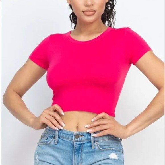 Fuchsia Casual Basic Cap Sleeve Slim Fitted Round Neck Crop Tee - Picture 1 of 1